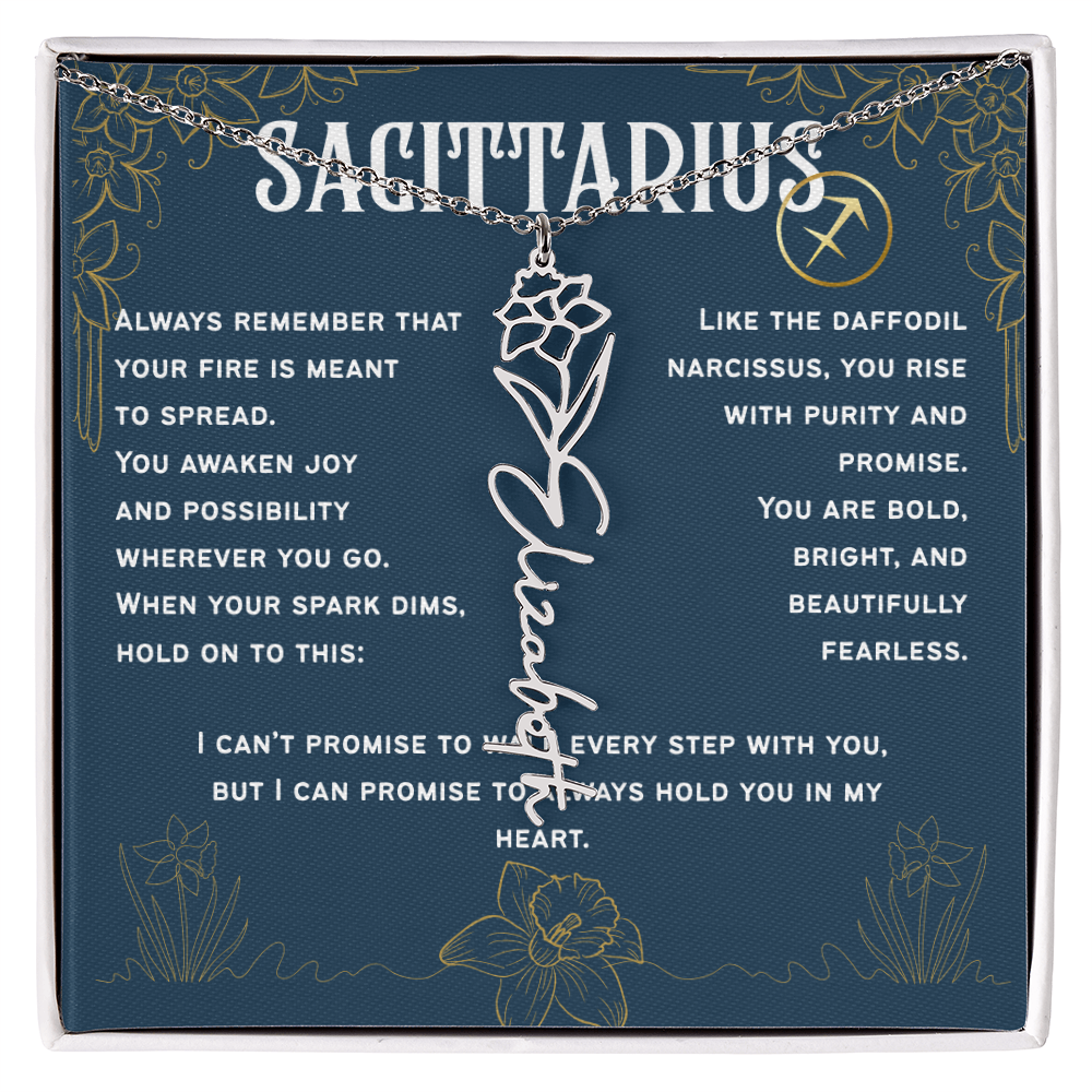Sagittarius Personalized Name Necklace – Daffodil Narcissus Birth Flower – December