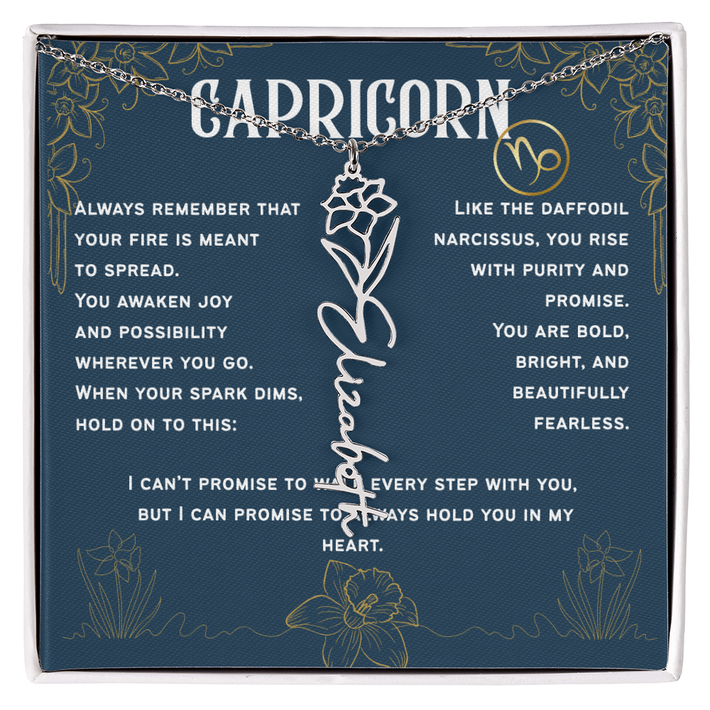 Capricorn Personalized Name Necklace – Daffodil Narcissus Birth Flower – December