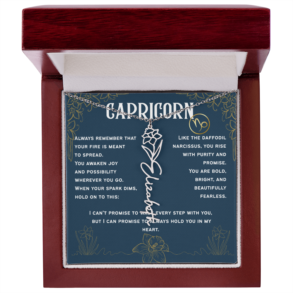 Capricorn Personalized Name Necklace – Daffodil Narcissus Birth Flower – December