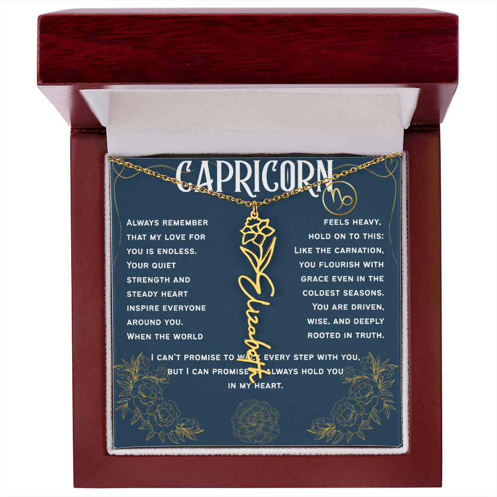 Capricorn Personalized Name Necklace – Carnation Birth Flower – January