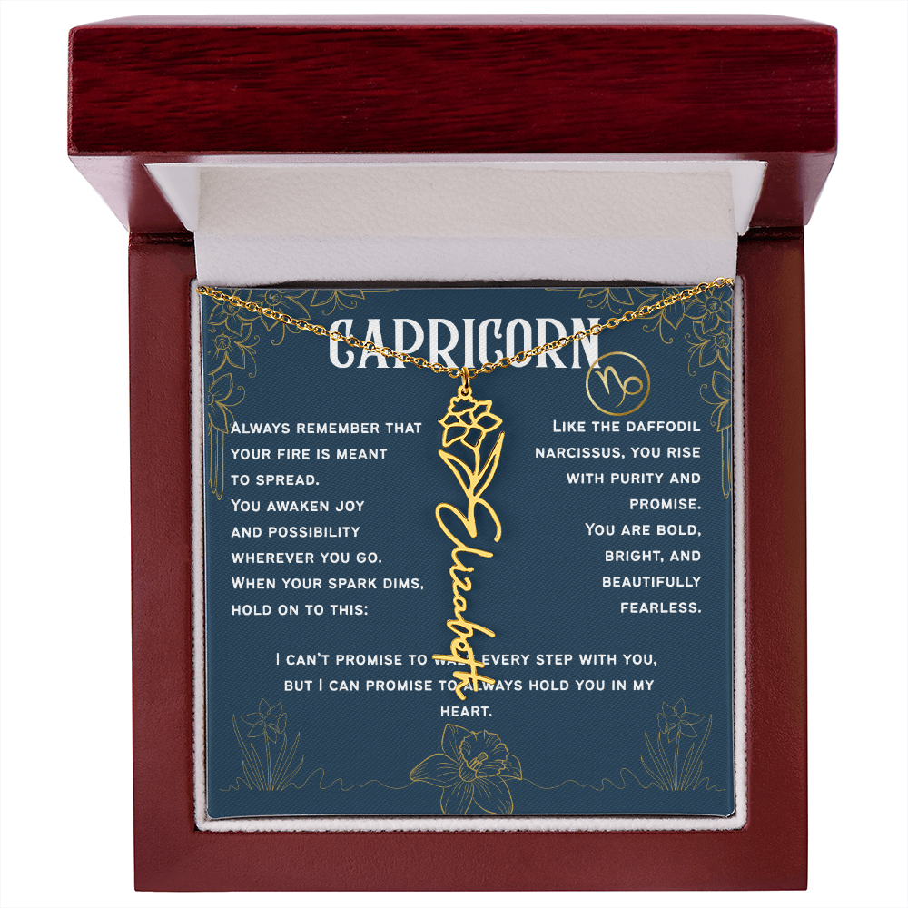 Capricorn Personalized Name Necklace – Daffodil Narcissus Birth Flower – December