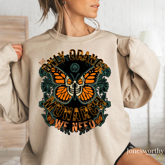 The Only Orange Monarch We Need | Unisex Graphic Sweatshirt or T-Shirt | Bold Butterfly & Skull Dia de los Muertos| Gildan 18000/5000