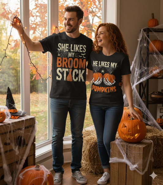 Halloween Couples Shirt Bundle | Funny Matching “She Likes My Broomstick” & “He Likes My Pumpkins” Tees | Spooky Couple T-Shirts