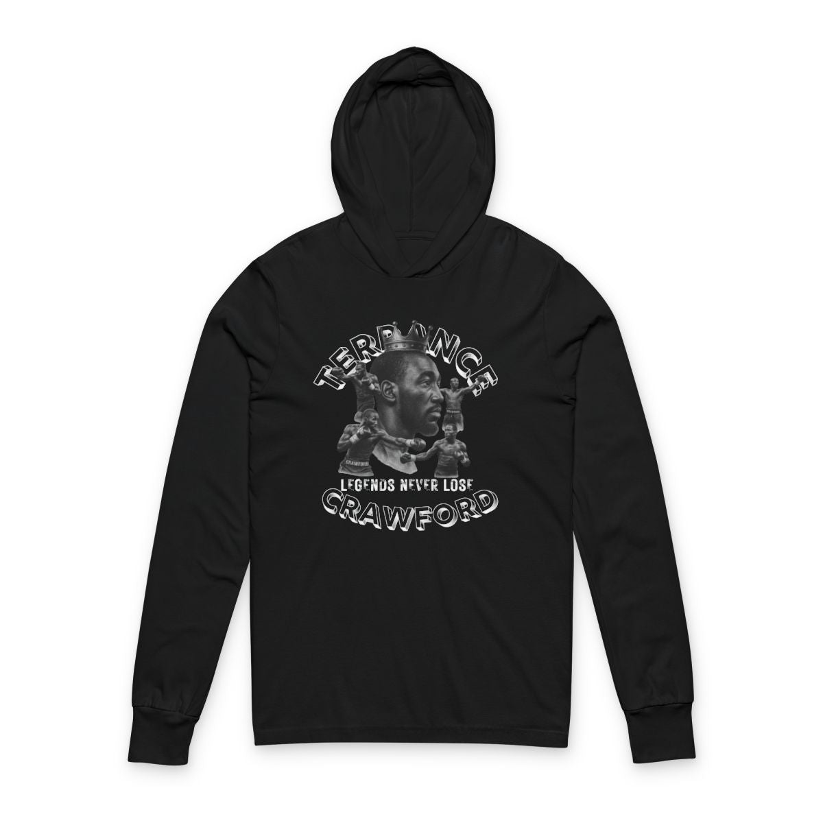 Terence Bud Crawford Graphic Tees | Legends Never Lose Front & Back Design | Short-Sleeve Cotton T-Shirt and Long-Sleeve Hooded Tee