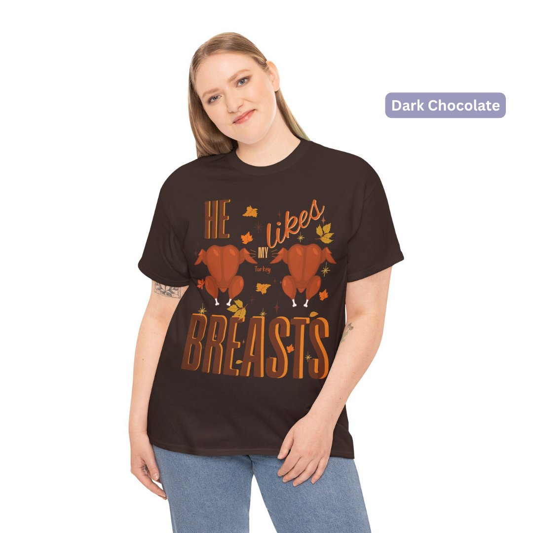Funny Thanksgiving Couple Shirts – “She Likes My Drumstick” & “He Likes My Turkey Breasts” | Unisex Heavy Cotton Fall Tees