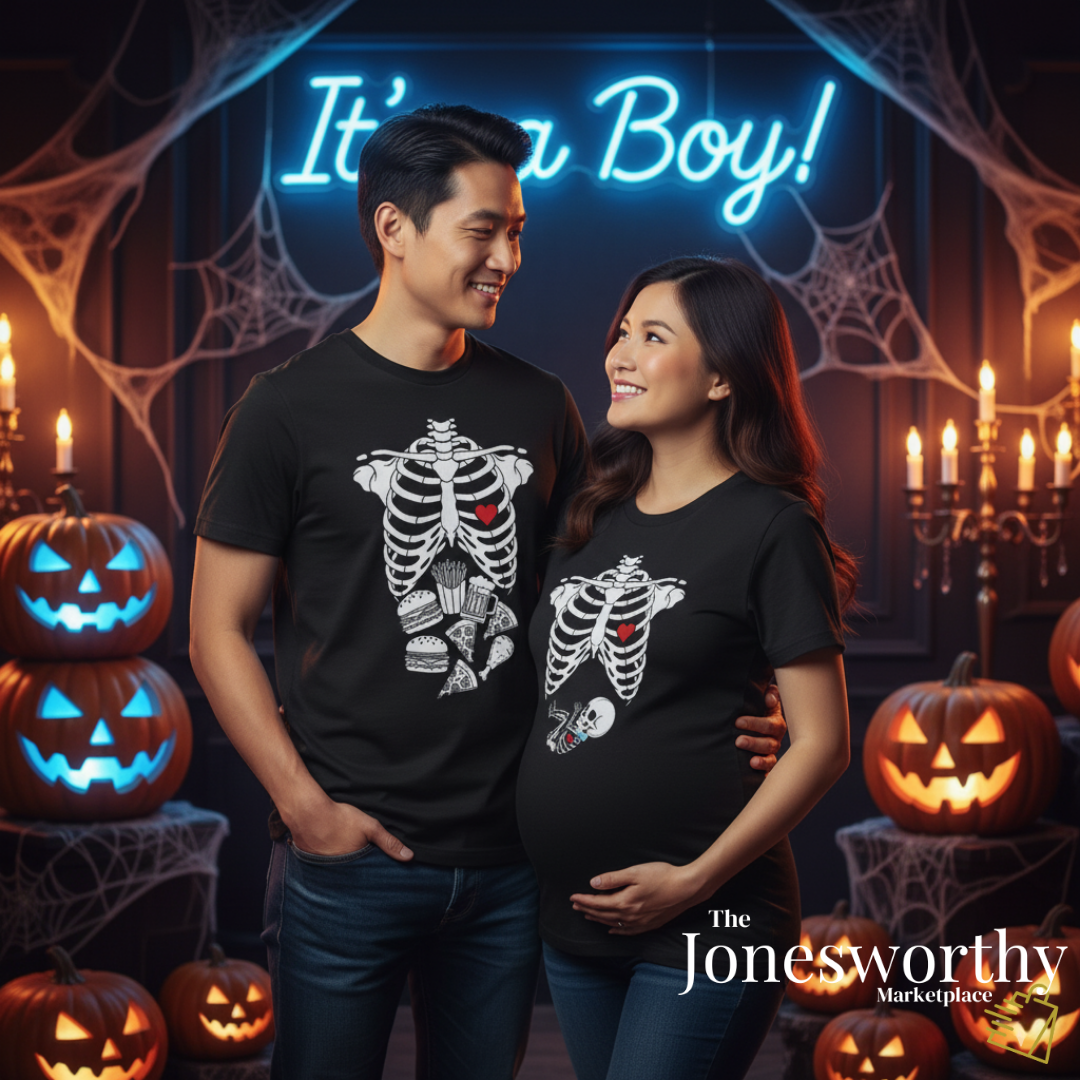 Funny Halloween Pregnancy Couple T-shirt | Pregnancy Announcement | Gender Reveal Mom & Dad Shirts | Baby Skeleton, It's A Girl, Boy or Twins