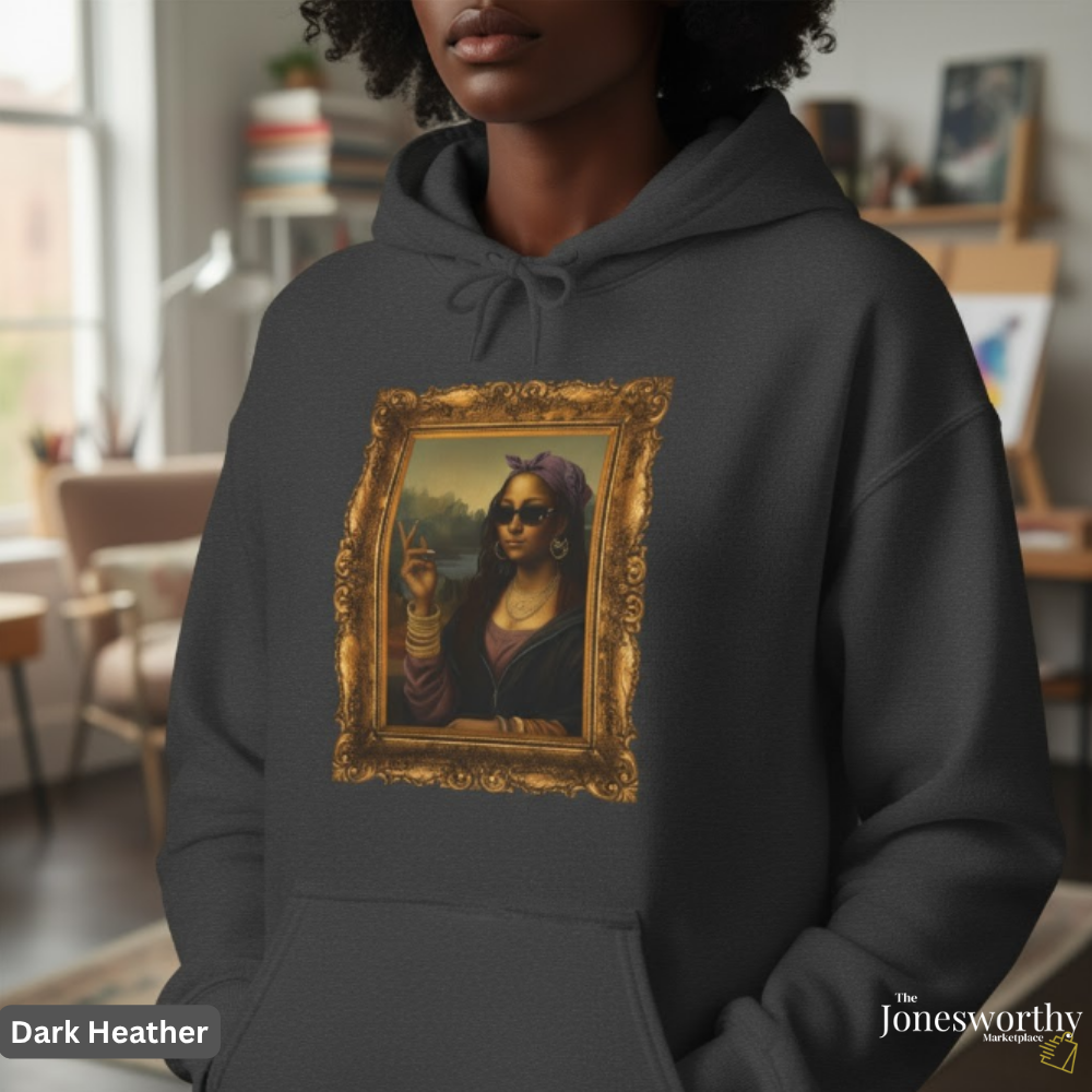 Monét Leisha Black Mona Lisa Hoodie, Sweatshirt & T-Shirt| Modern African American Art Streetwear | Vintage Gold Frame Design