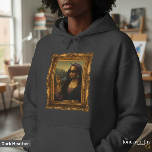 Monét Leisha Black Mona Lisa Hoodie, Sweatshirt & T-Shirt| Modern African American Art Streetwear | Vintage Gold Frame Design