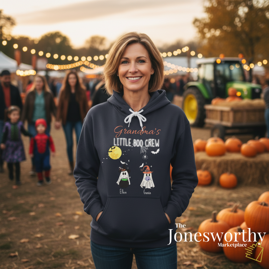 Personalized Halloween Hoodie – Custom “Little Boo Crew” Ghost Sweatshirt with Names & Titles