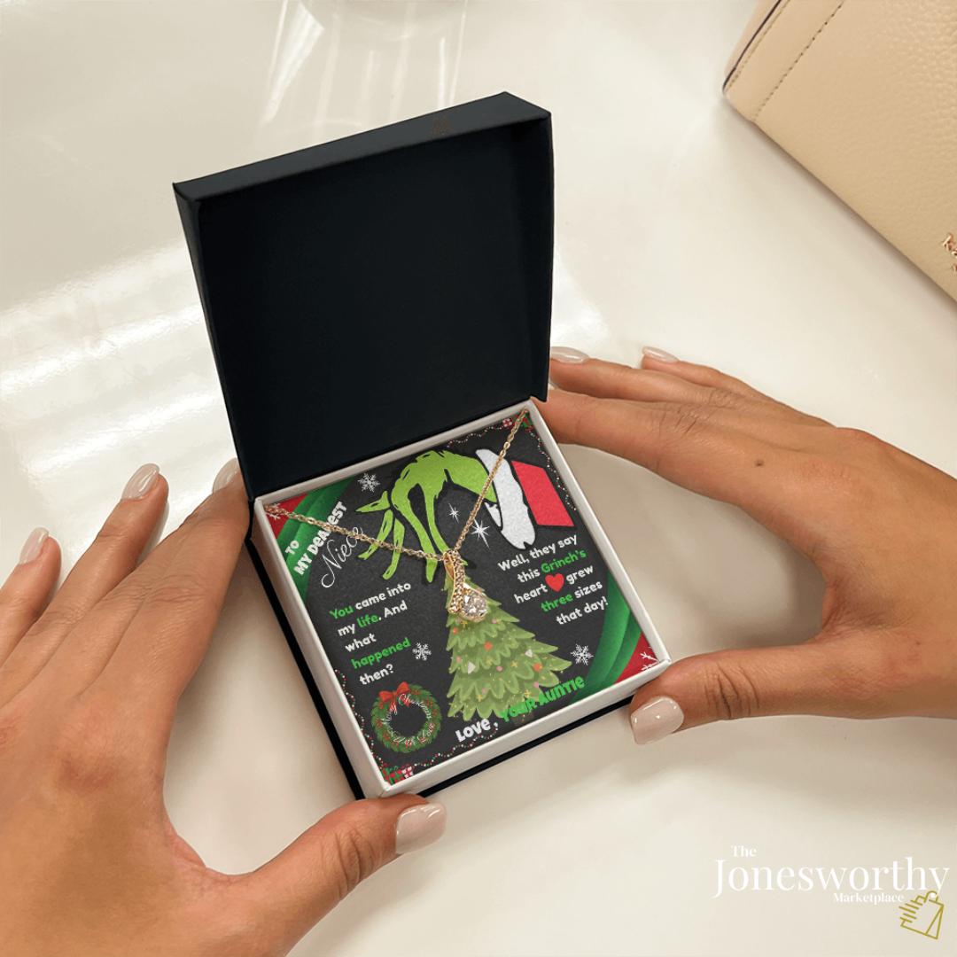 Christmas Necklace for Her – Personalized Alluring Necklace with Custom Message Card – “This Heart Grew Three Sizes” – Gift for Daughter, Sister, Niece, Granddaughter🎄✨