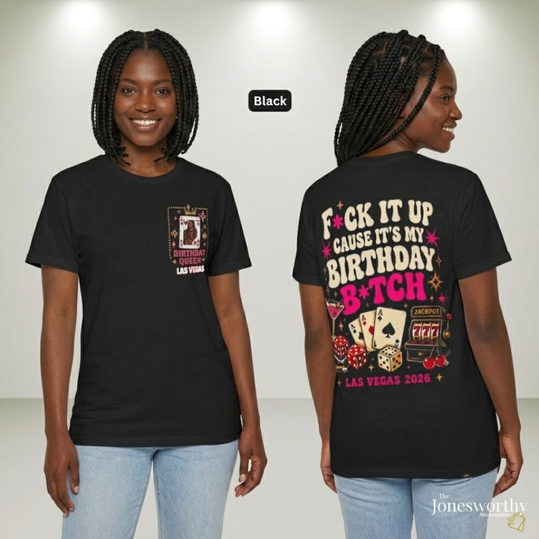 Birthday Queen Las Vegas 2026 | Black Queen Birthday BTrip Shirt | Front & Back Graphic | Gildan® 8000 DryBlend® Unisex T-Shirt