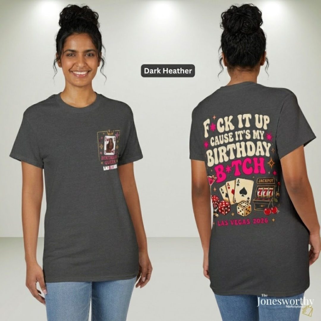 Birthday Queen Las Vegas 2026 | Black Queen Birthday BTrip Shirt | Front & Back Graphic | Gildan® 8000 DryBlend® Unisex T-Shirt