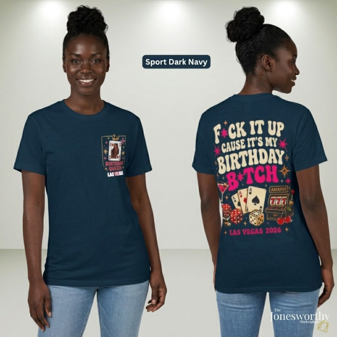 Birthday Queen Las Vegas 2026 | Black Queen Birthday BTrip Shirt | Front & Back Graphic | Gildan® 8000 DryBlend® Unisex T-Shirt