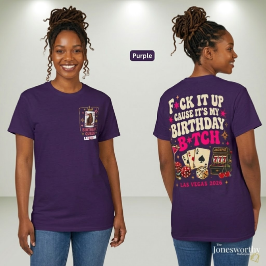 Birthday Queen Las Vegas 2026 | Black Queen Birthday BTrip Shirt | Front & Back Graphic | Gildan® 8000 DryBlend® Unisex T-Shirt