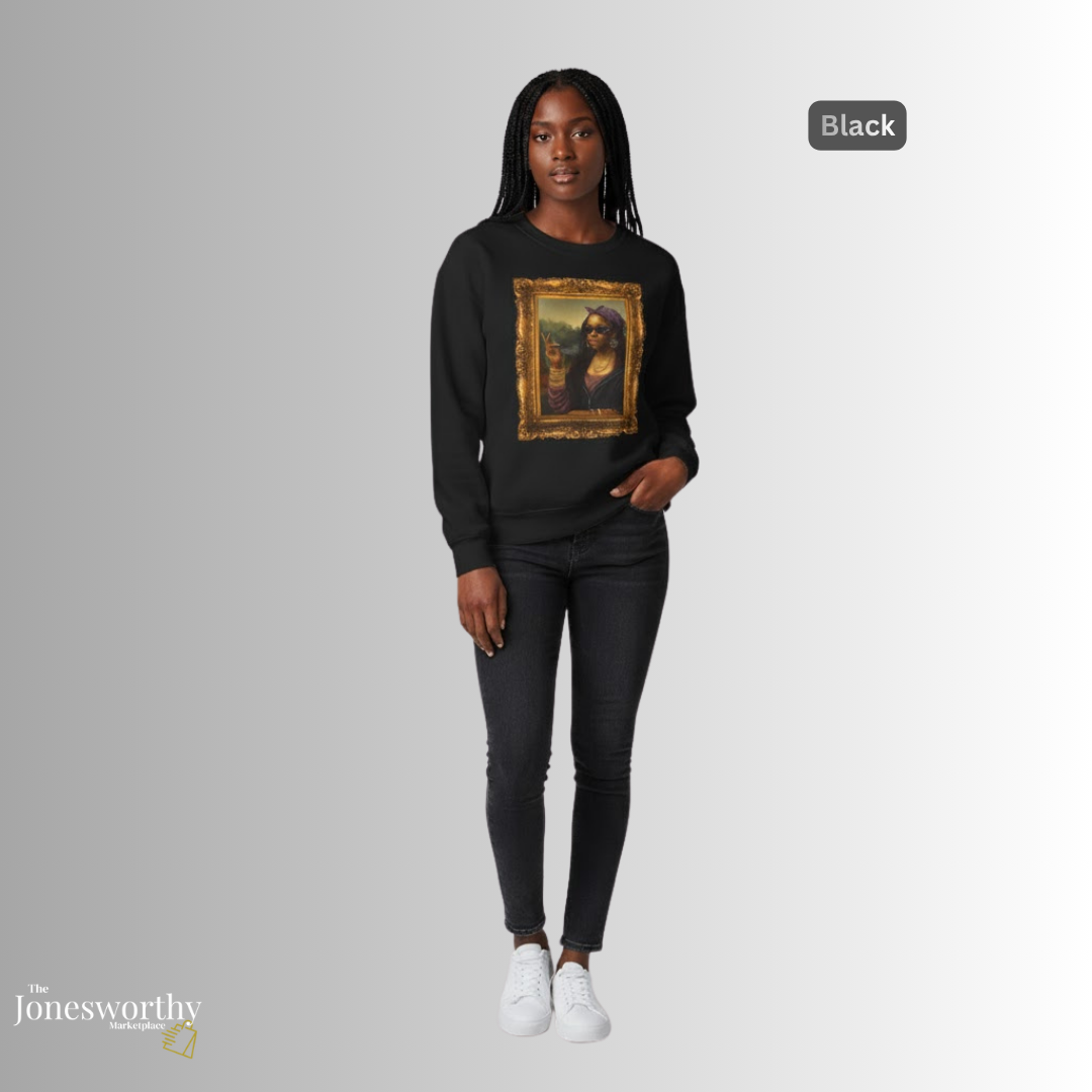 Monét Leisha Black Mona Lisa Hoodie, Sweatshirt & T-Shirt| Modern African American Art Streetwear | Vintage Gold Frame Design