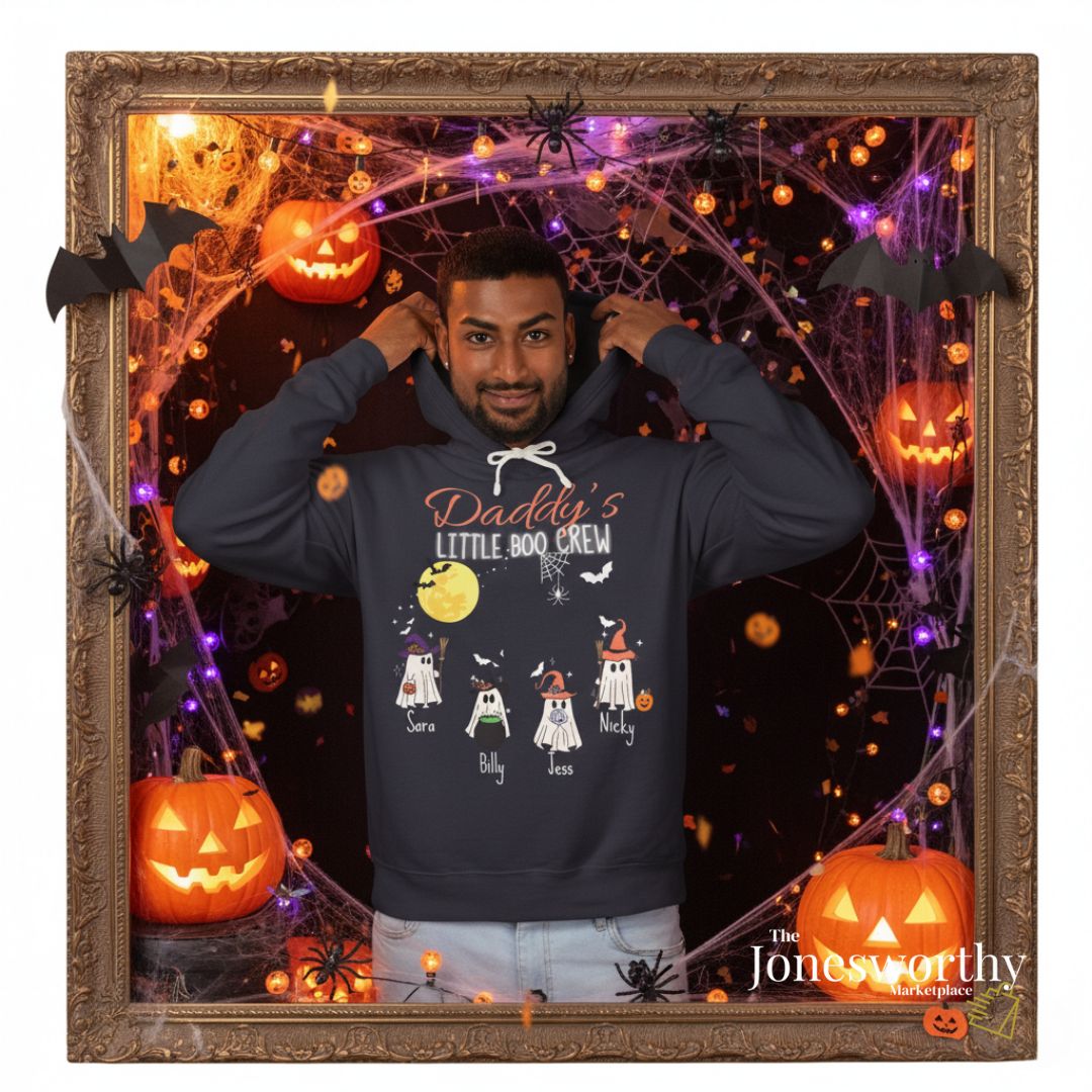 Personalized Halloween Hoodie – Custom “Little Boo Crew” Ghost Sweatshirt with Names & Titles