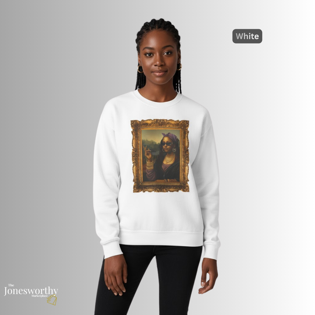 Monét Leisha Black Mona Lisa Hoodie, Sweatshirt & T-Shirt| Modern African American Art Streetwear | Vintage Gold Frame Design