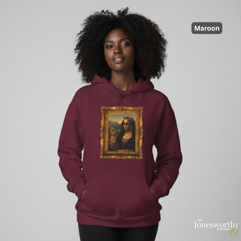 Monét Leisha Black Mona Lisa Hoodie, Sweatshirt & T-Shirt| Modern African American Art Streetwear | Vintage Gold Frame Design