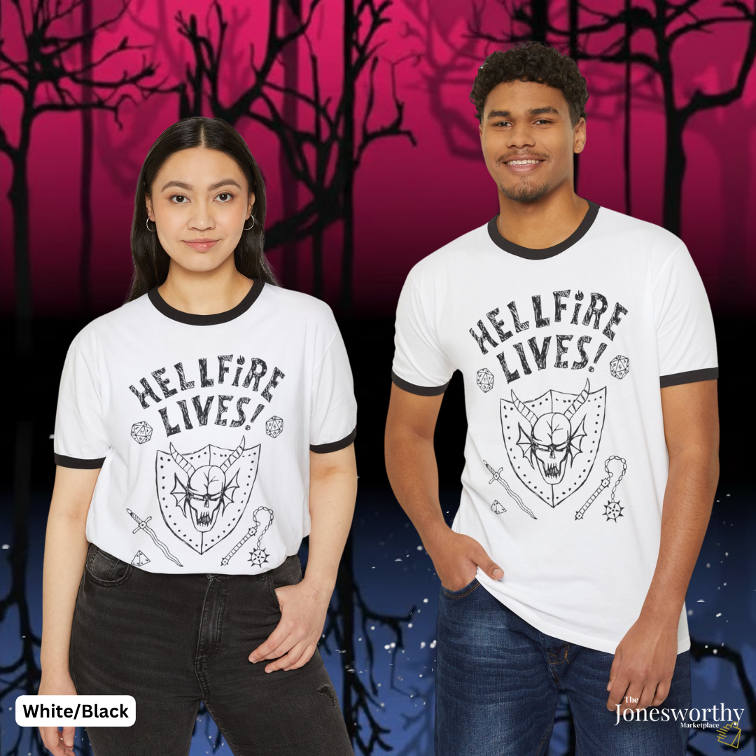 Hellfire Lives skull shield ringer T-Shirt | Retro Unisex graphic tee