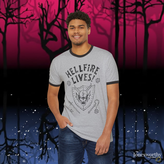Hellfire Lives skull shield ringer T-Shirt | Retro Unisex graphic tee