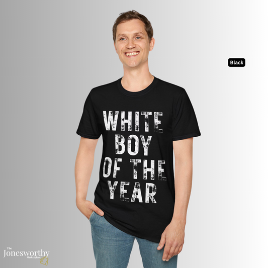 White Boy of the Year Graphic Tee | Vintage Meme Shirt | Unisex Softstyle T-Shirt | Distressed Typography | Internet Culture Tee