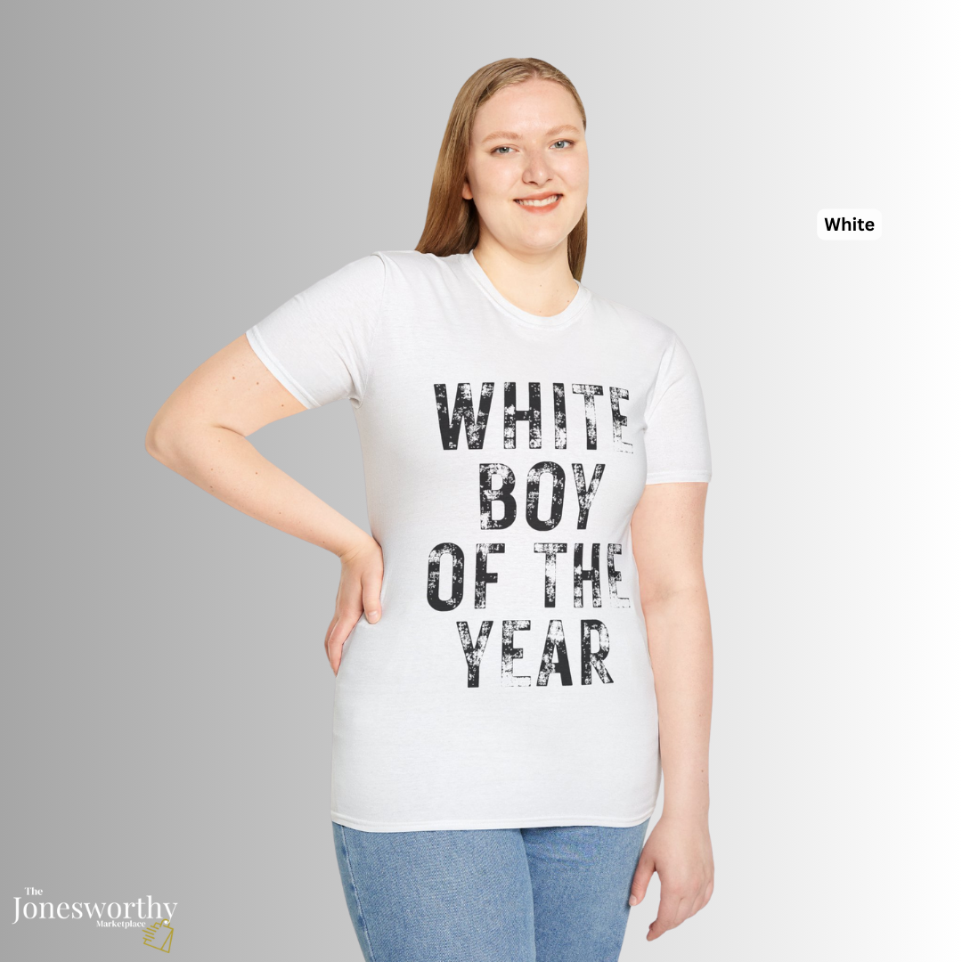 White Boy of the Year Graphic Tee | Vintage Meme Shirt | Unisex Softstyle T-Shirt | Distressed Typography | Internet Culture Tee