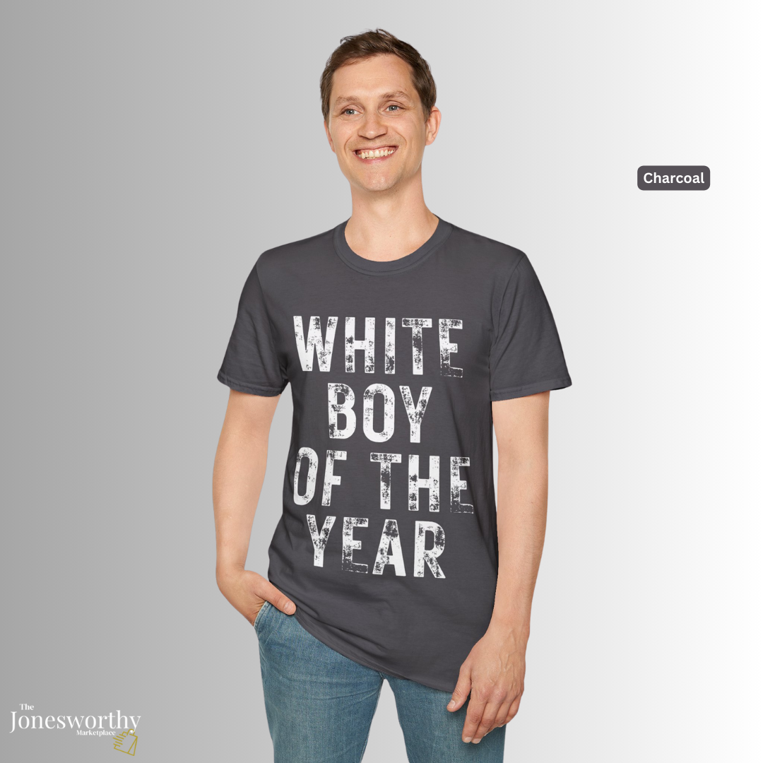 White Boy of the Year Graphic Tee | Vintage Meme Shirt | Unisex Softstyle T-Shirt | Distressed Typography | Internet Culture Tee
