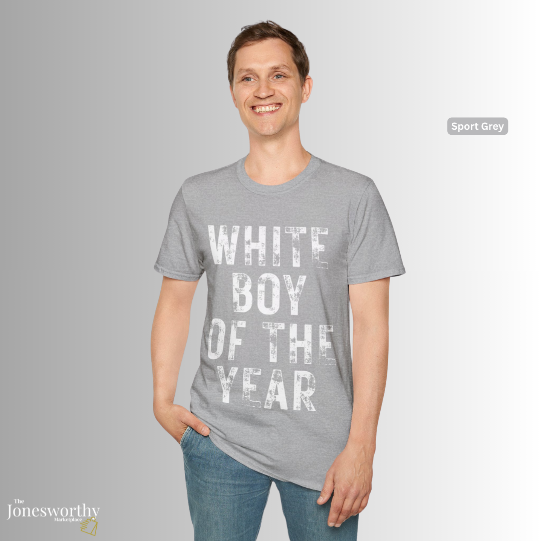 White Boy of the Year Graphic Tee | Vintage Meme Shirt | Unisex Softstyle T-Shirt | Distressed Typography | Internet Culture Tee