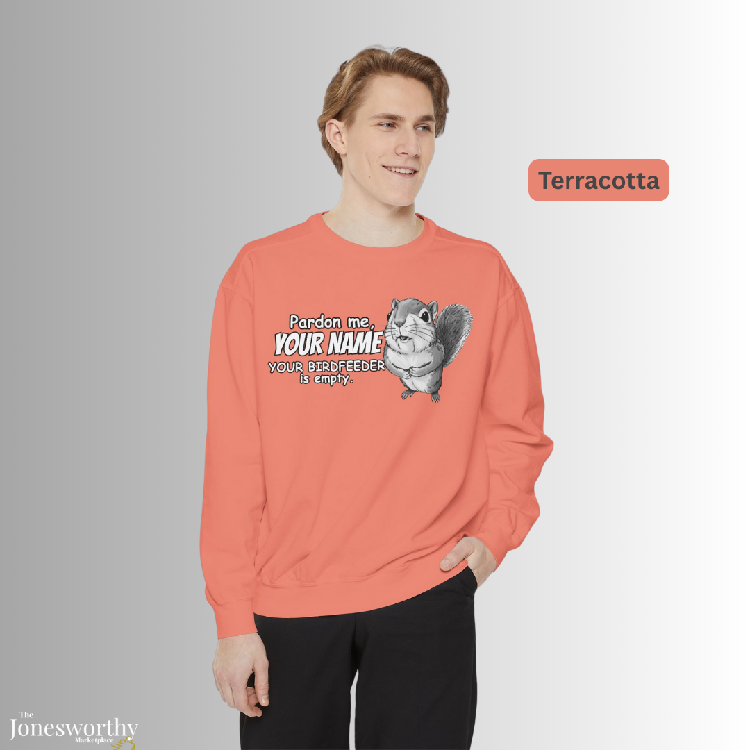 Personalized Squirrel Bird Feeder Comfort Colors Sweatshirt | Funny Bird Lover Gift