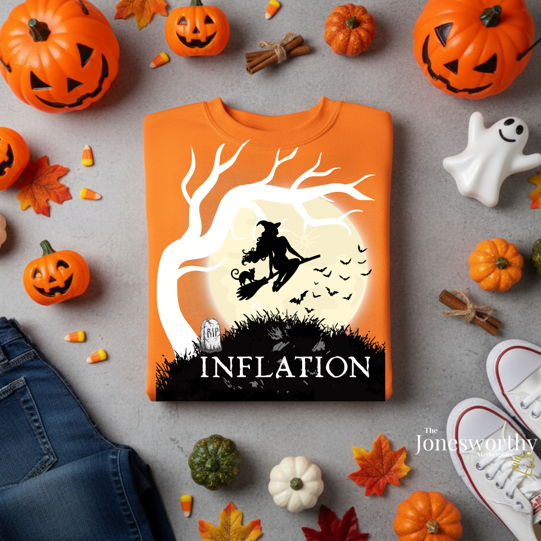 Funny Halloween Shirts | Sweatshirts | Due to Inflation Costume | Inflation, Black or Orange Unisex Tees & Crewnecks