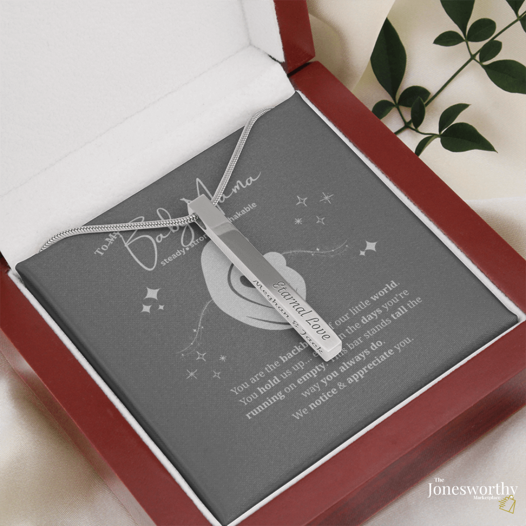 Baby Mama Gift | Engraved 4-Sided Stick Necklace • “Backbone of Our World” Message Card • Mother's Day, Birthday, Christmas
