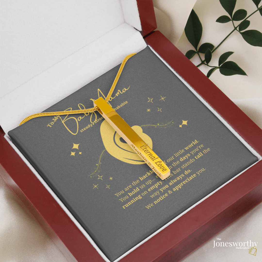 Baby Mama Gift | Engraved 4-Sided Stick Necklace • “Backbone of Our World” Message Card • Mother's Day, Birthday, Christmas