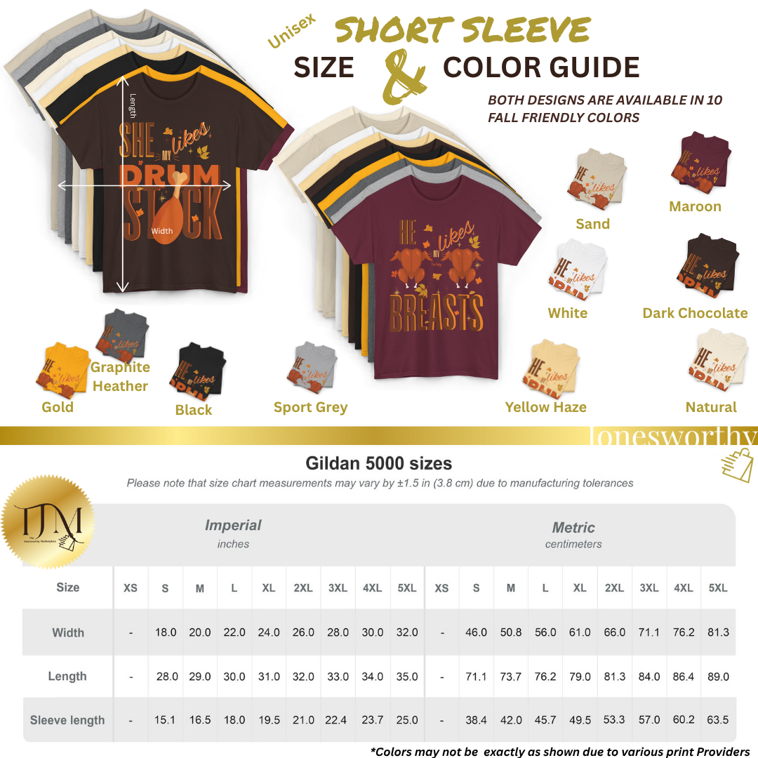 Funny Thanksgiving Couple Shirts – “She Likes My Drumstick” & “He Likes My Turkey Breasts” | Unisex Heavy Cotton Fall Tees