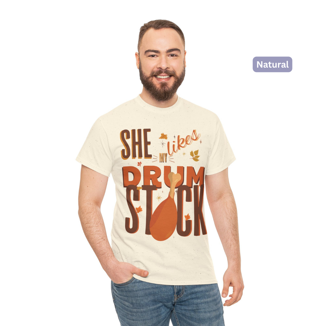 Funny Thanksgiving Couple Shirts – “She Likes My Drumstick” & “He Likes My Turkey Breasts” | Unisex Heavy Cotton Fall Tees