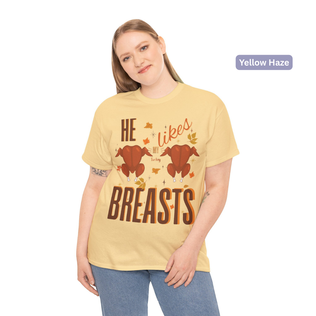 Funny Thanksgiving Couple Shirts – “She Likes My Drumstick” & “He Likes My Turkey Breasts” | Unisex Heavy Cotton Fall Tees