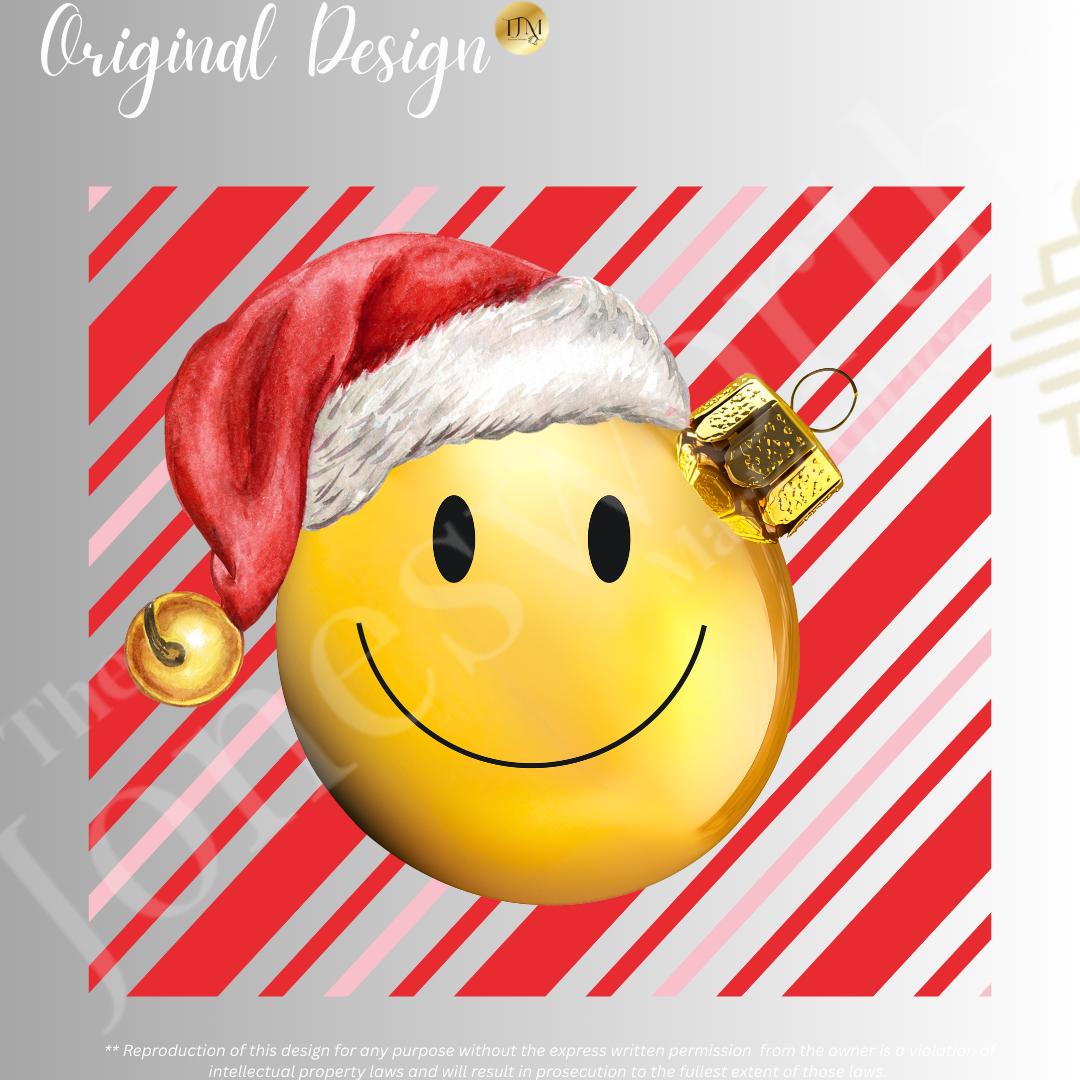 Smiley Face Comfort Colors Santa Ornament Christmas  T-Shirt | Candy Cane Holiday Tee