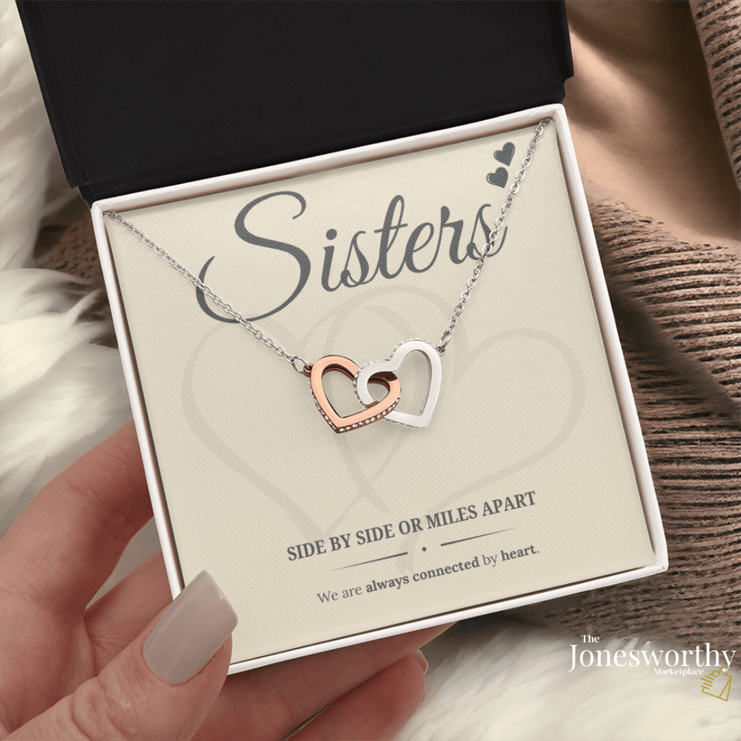 Sisters Interlocking Heart Necklace – Meaningful Sister Gift, Side by Side or Miles Apart, Gold Heart Keepsake Jewelry