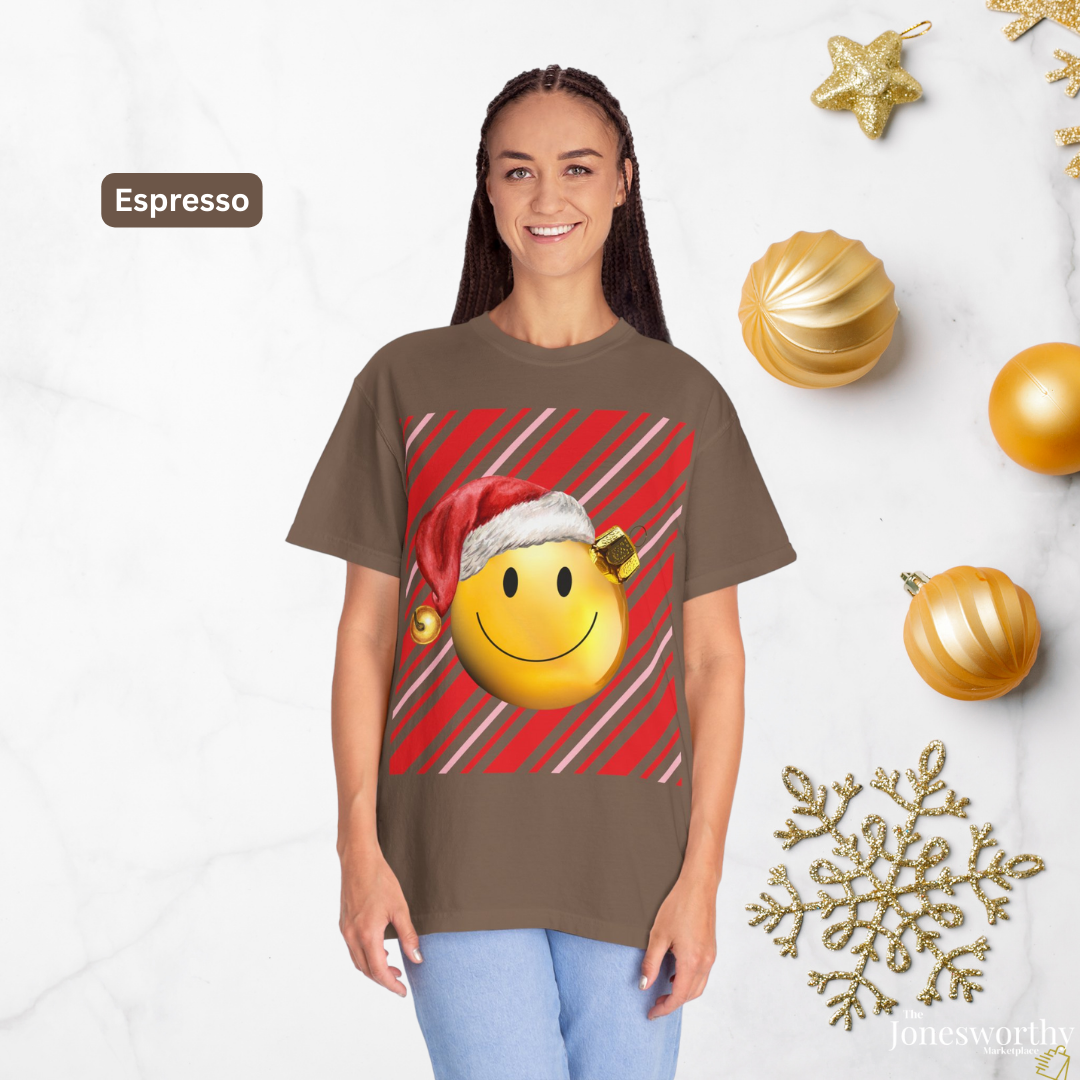 Smiley Face Comfort Colors Santa Ornament Christmas  T-Shirt | Candy Cane Holiday Tee