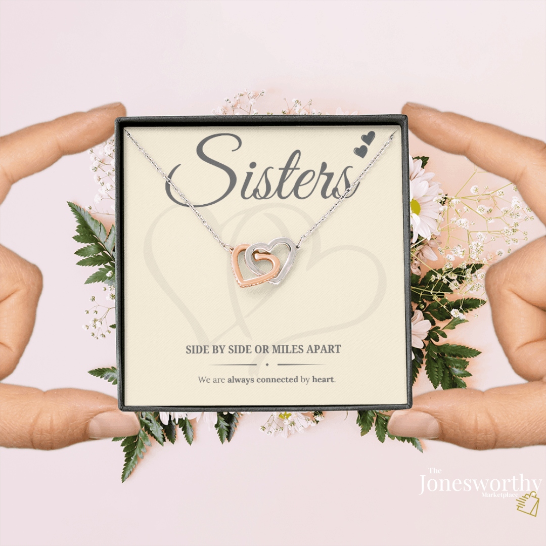 Sisters Interlocking Heart Necklace – Meaningful Sister Gift, Side by Side or Miles Apart, Gold Heart Keepsake Jewelry