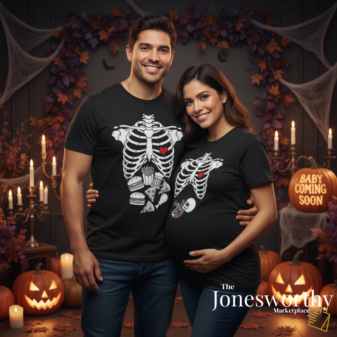 Funny Halloween Pregnancy Couple T-shirt | Pregnancy Announcement | Gender Reveal Mom & Dad Shirts | Baby Skeleton, It's A Girl, Boy or Twins