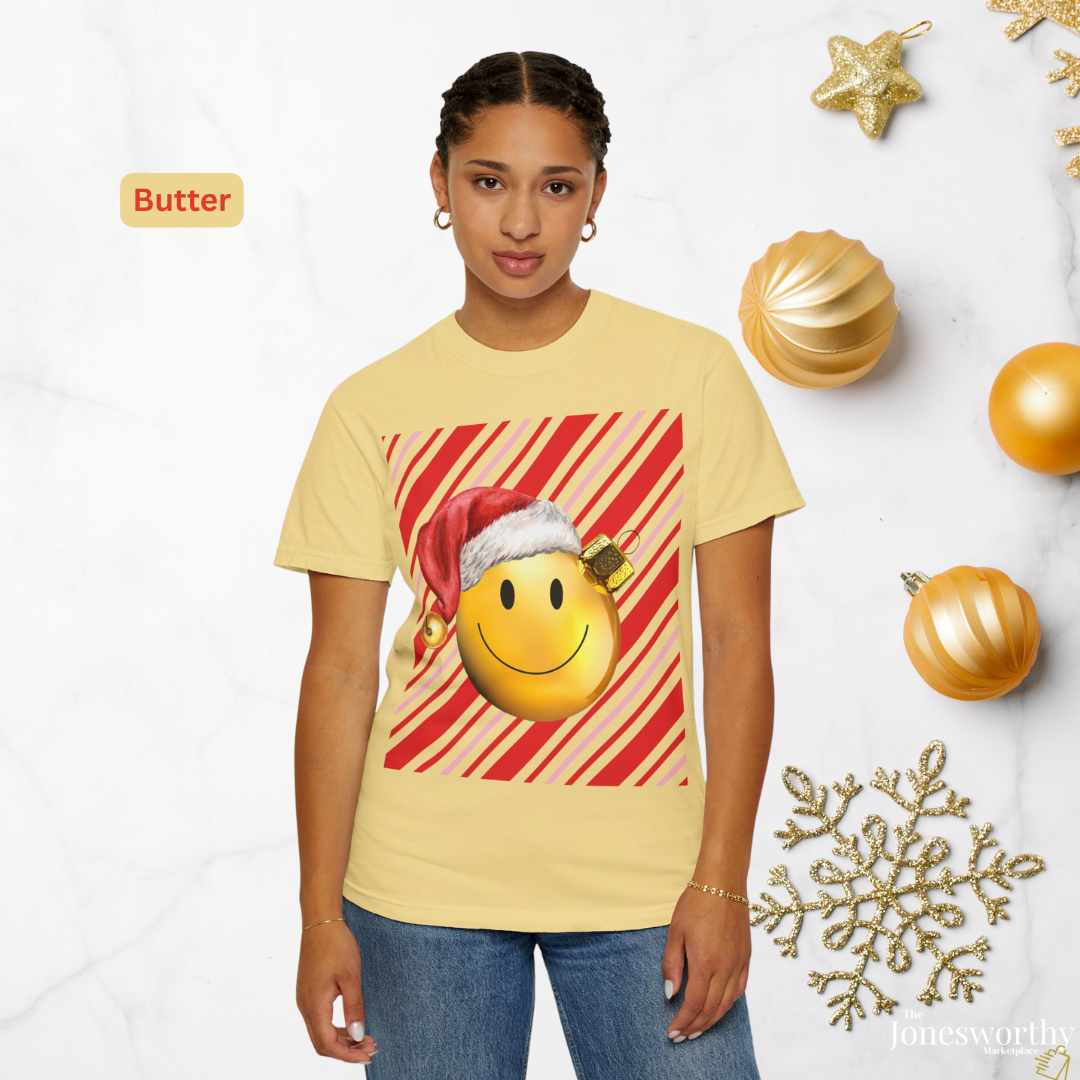 Smiley Face Comfort Colors Santa Ornament Christmas  T-Shirt | Candy Cane Holiday Tee