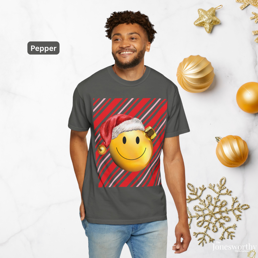 Smiley Face Comfort Colors Santa Ornament Christmas  T-Shirt | Candy Cane Holiday Tee