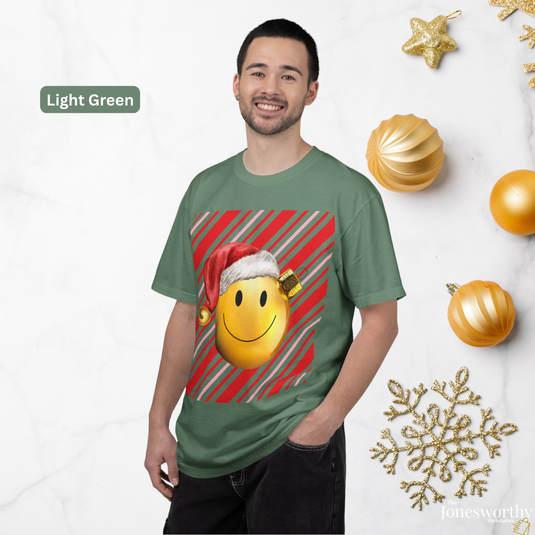 Smiley Face Comfort Colors Santa Ornament Christmas  T-Shirt | Candy Cane Holiday Tee