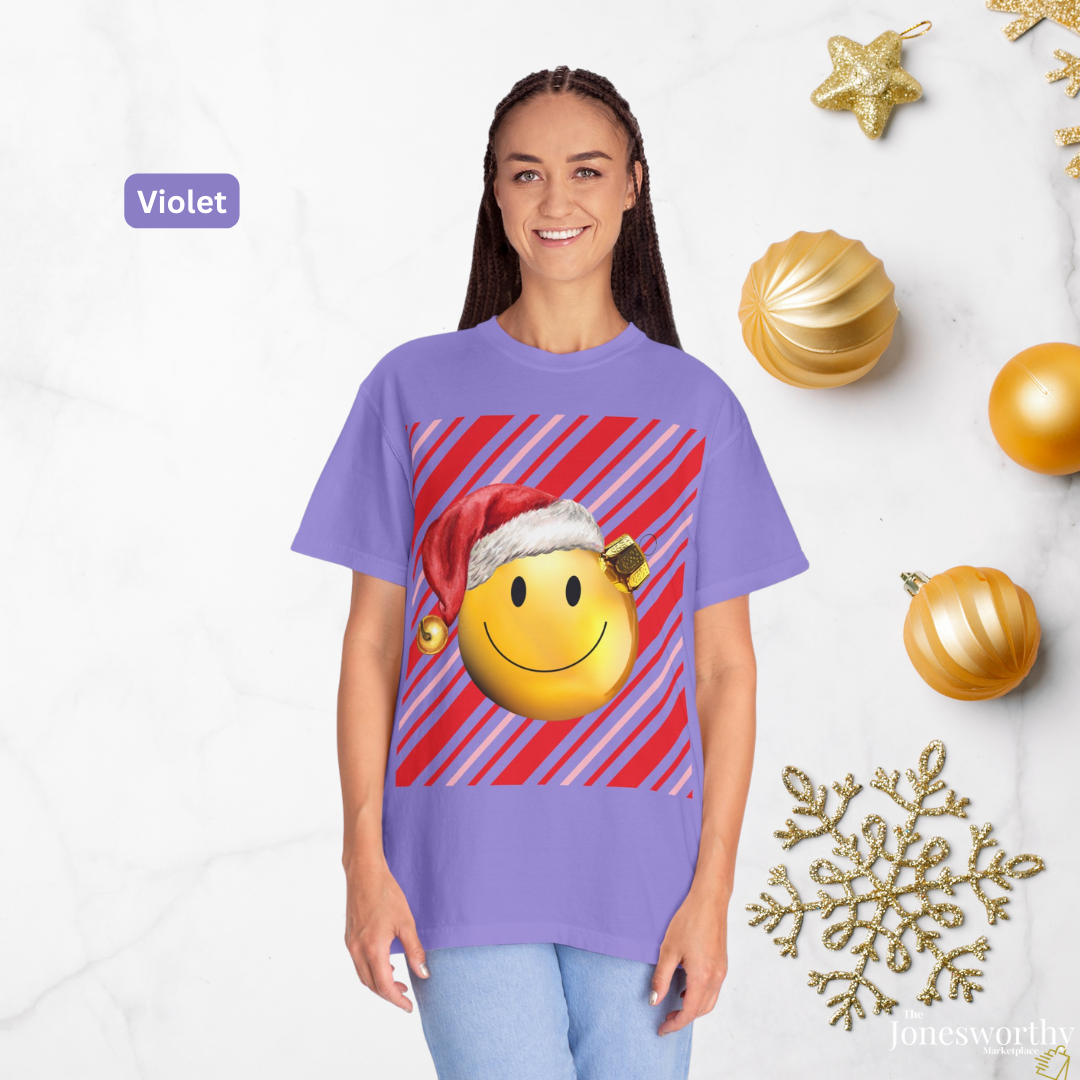 Smiley Face Comfort Colors Santa Ornament Christmas  T-Shirt | Candy Cane Holiday Tee