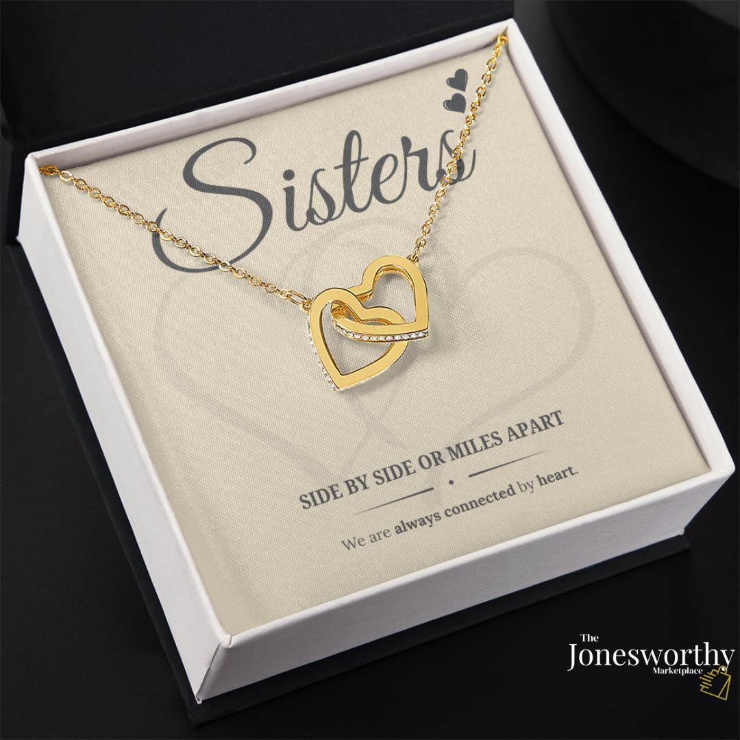 Sisters Interlocking Heart Necklace – Meaningful Sister Gift, Side by Side or Miles Apart, Gold Heart Keepsake Jewelry