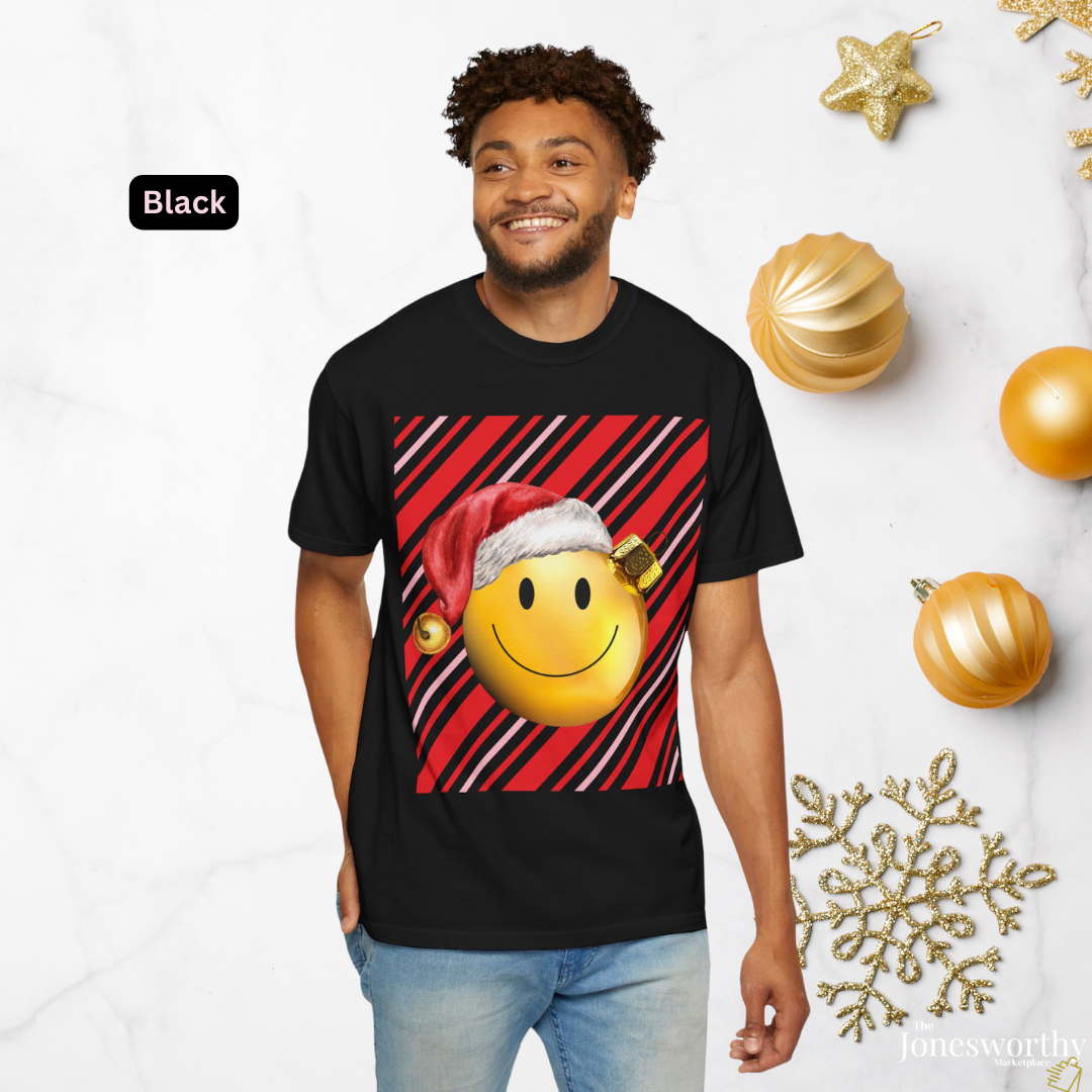 Smiley Face Comfort Colors Santa Ornament Christmas  T-Shirt | Candy Cane Holiday Tee