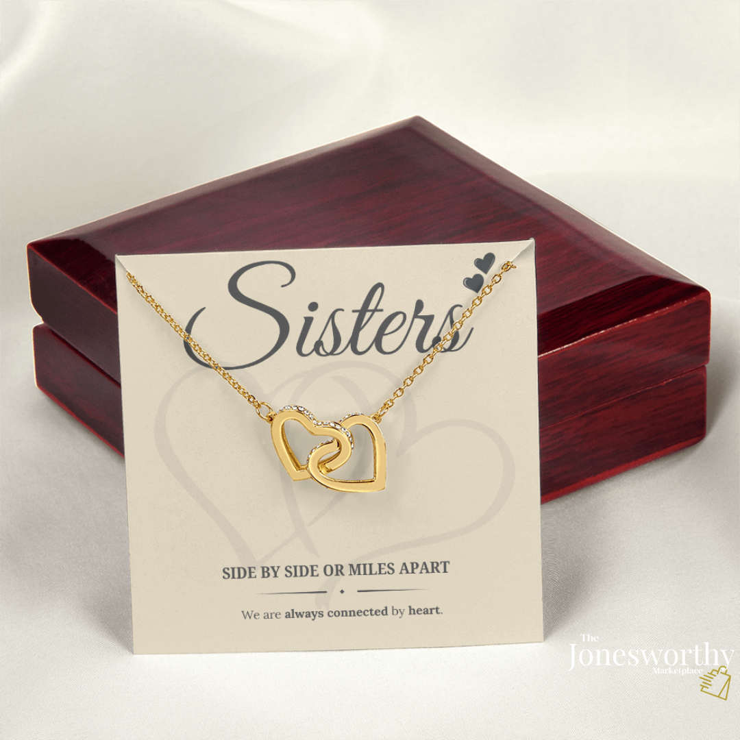 Sisters Interlocking Heart Necklace – Meaningful Sister Gift, Side by Side or Miles Apart, Gold Heart Keepsake Jewelry