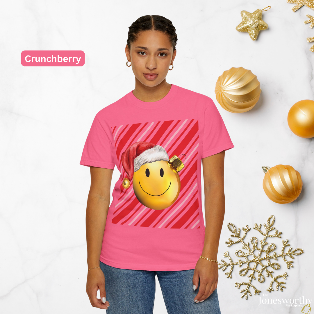 Smiley Face Comfort Colors Santa Ornament Christmas  T-Shirt | Candy Cane Holiday Tee