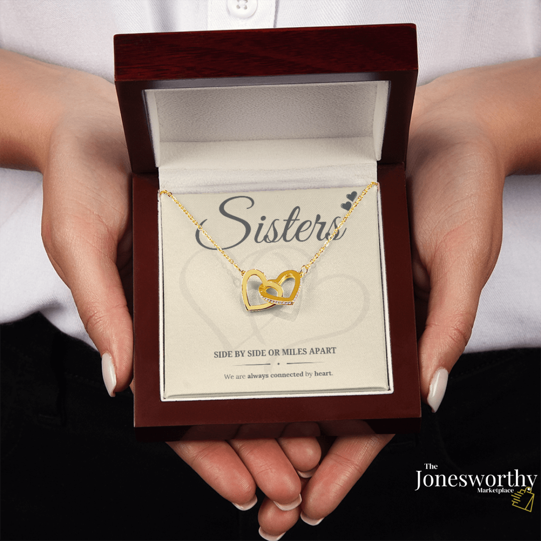 Sisters Interlocking Heart Necklace – Meaningful Sister Gift, Side by Side or Miles Apart, Gold Heart Keepsake Jewelry