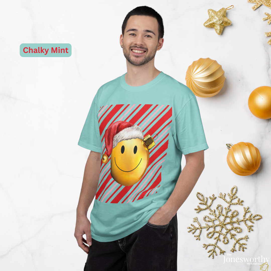 Smiley Face Comfort Colors Santa Ornament Christmas  T-Shirt | Candy Cane Holiday Tee